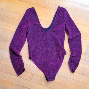 Zara Purple Long Sleeve Bodysuit Metallic Sparkle Low Cut Small